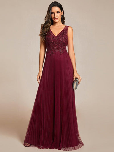 Elegant V-Neck Floor-Length A-Line Tulle Evening Dress #color_Burgundy