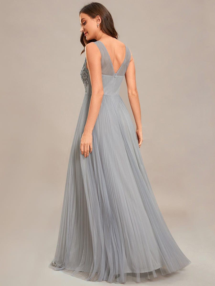 Elegant V-Neck Floor-Length A-Line Tulle Evening Dress #color_Grey