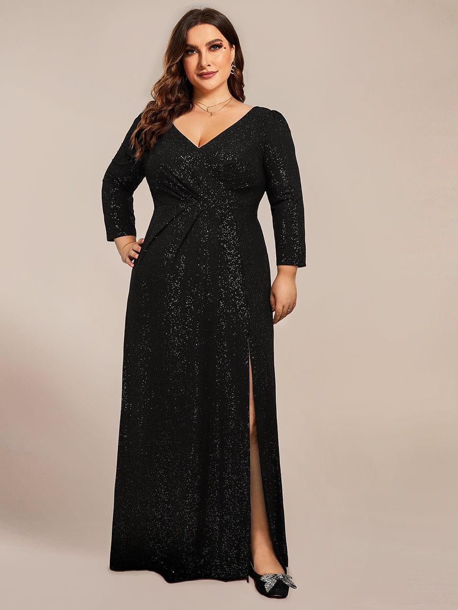Plus Size Long Sleeve V-Neck Glitter High Slit Evening Dress #color_Black