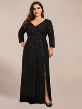 Plus Size Long Sleeve V-Neck Glitter High Slit Evening Dress #color_Black