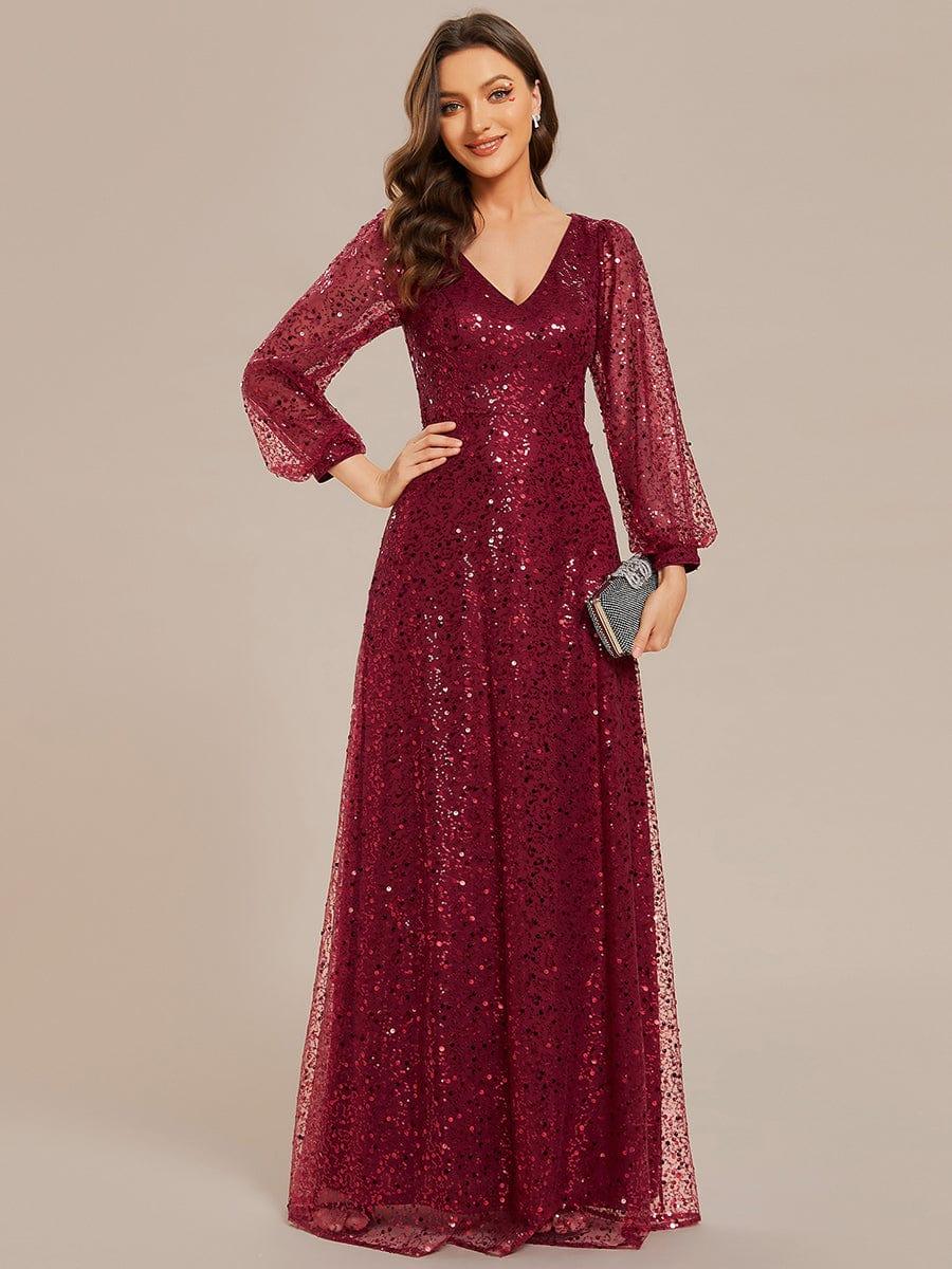V-Neck Lantern Long Sleeve Sequin A-Line Evening Dress #color_Burgundy