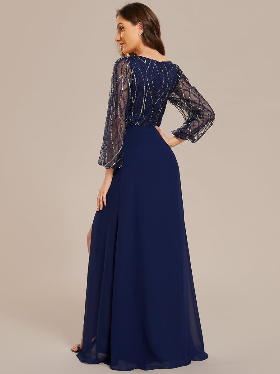 Sequin Long Sleeves A-Line V-Neck Floor-Length Evening Dress #color_Navy Blue