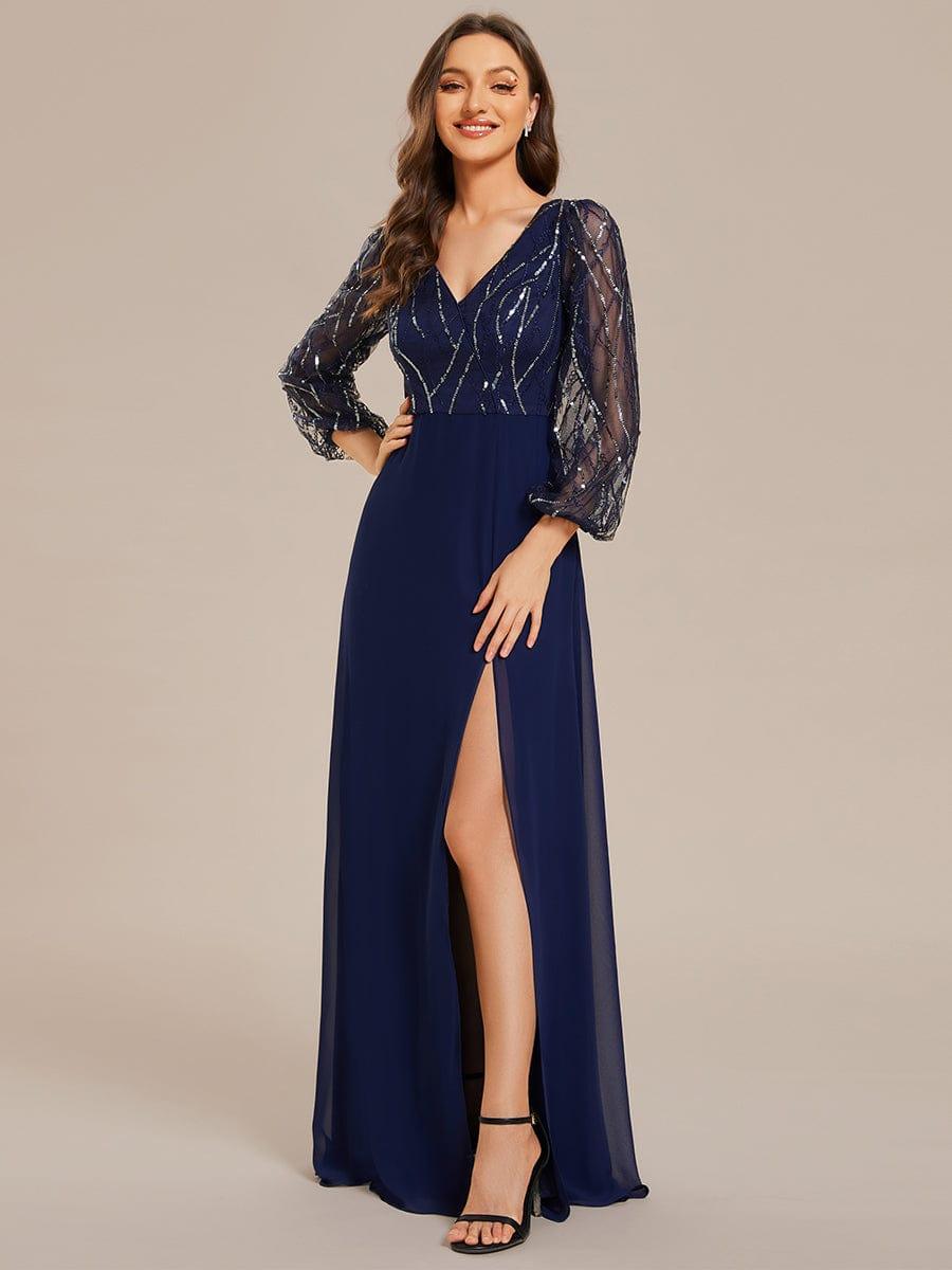 Sequin Long Sleeves A-Line V-Neck Floor-Length Evening Dress #color_Navy Blue Sequin Long Sleeves A-Line V-Neck Floor-Length Evening Dress