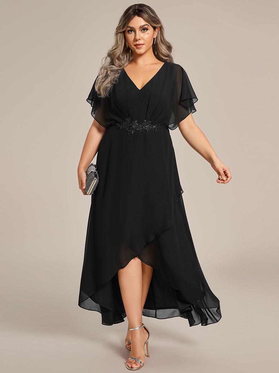 Waist Applique A-Line Chiffon V-Neck Evening Dress #color_Black