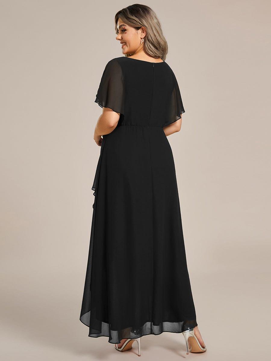 Waist Applique A-Line Chiffon V-Neck Evening Dress #color_Black