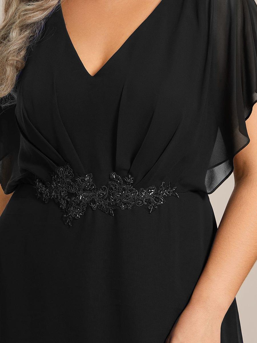 Waist Applique A-Line Chiffon V-Neck Evening Dress #color_Black