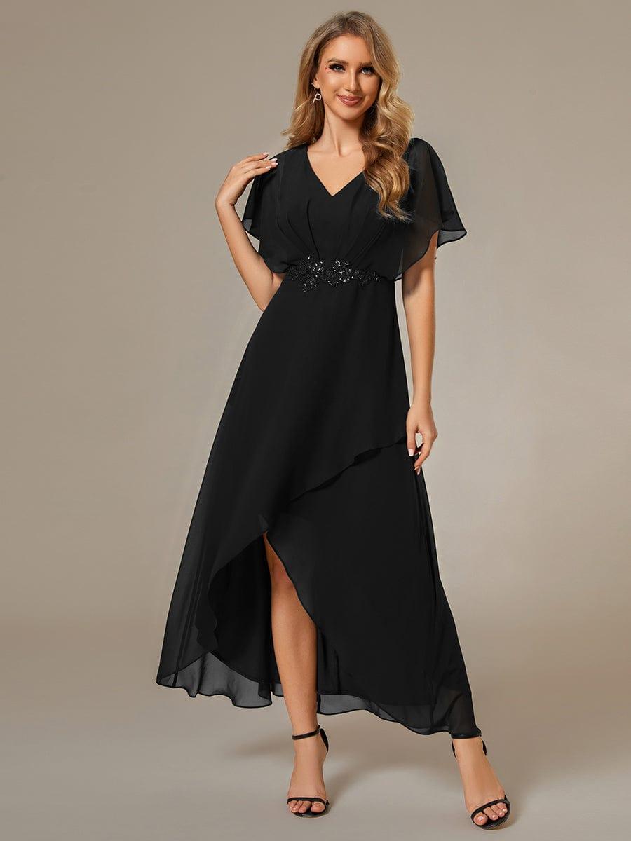 Waist Applique A-Line Chiffon V-Neck Evening Dress #color_Black