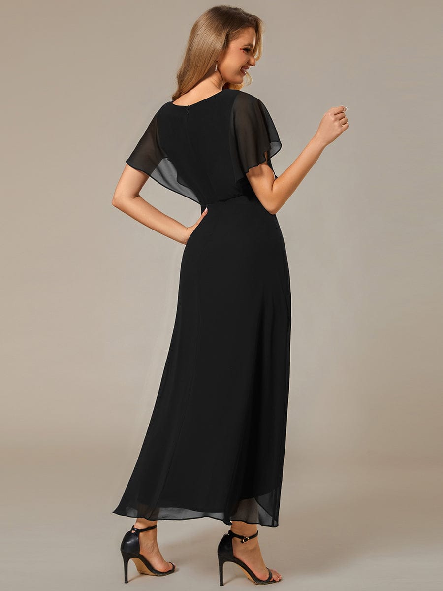 Waist Applique  A-Line Chiffon V-Neck Evening Dress #color_Black