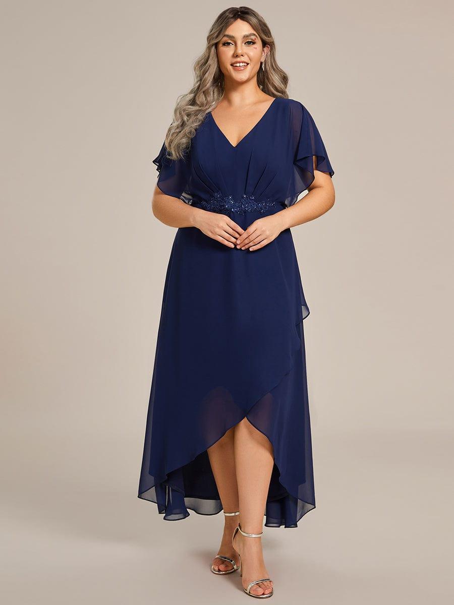 Plus Size Waist Applique A-Line Chiffon V-Neck Evening Dress #color_Navy Blue