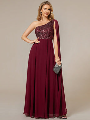 One-Shoulder Sequin Bodice Evening Dress with Flowy Chiffon