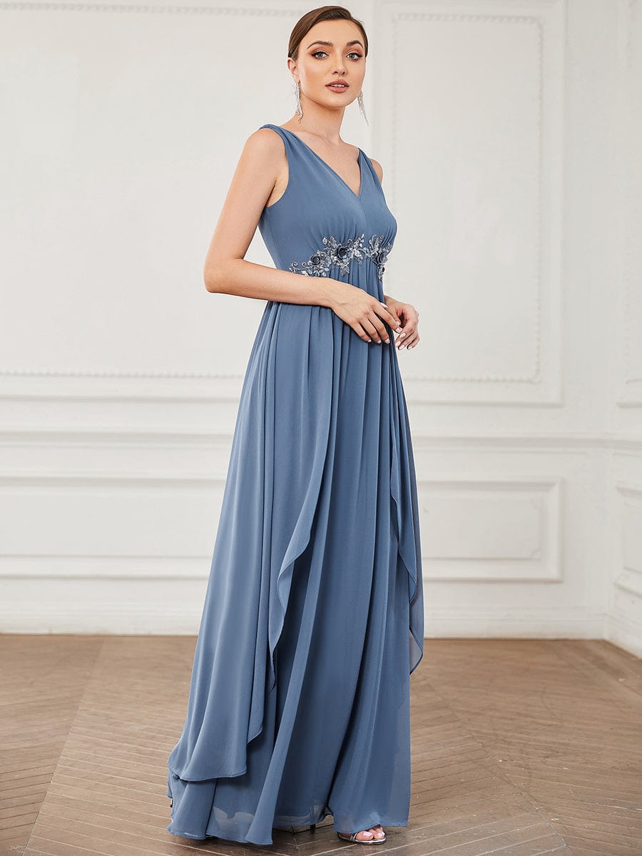 V-Neck Sleeveless Chiffon Sequin Waist A-Line Evening Dress #color_Dusty Navy V-Neck Sleeveless Chiffon Sequin Waist A-Line Evening Dress