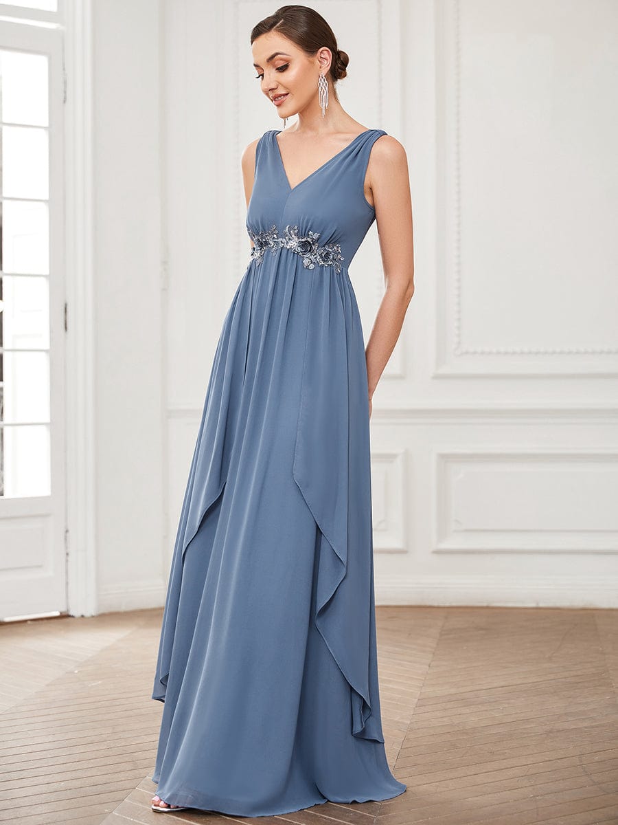 V-Neck Sleeveless Chiffon Sequin Waist A-Line Evening Dress #color_Dusty Navy V-Neck Sleeveless Chiffon Sequin Waist A-Line Evening Dress
