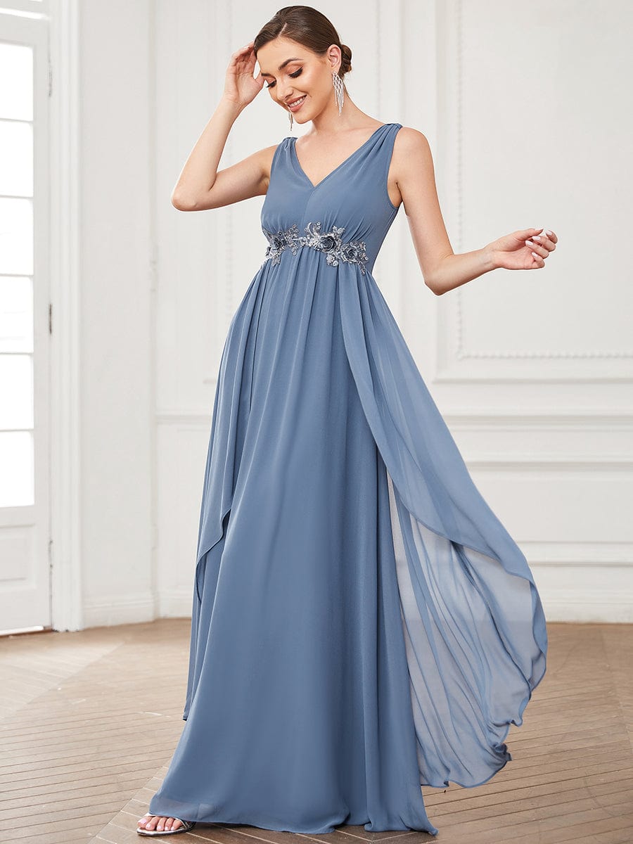 V-Neck Sleeveless Chiffon Sequin Waist A-Line Evening Dress #color_Dusty Navy V-Neck Sleeveless Chiffon Sequin Waist A-Line Evening Dress