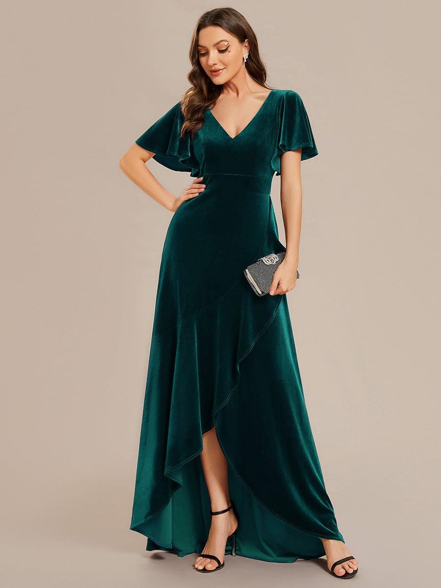 Elegant Double V-Neck Short Sleeves Velvet Evening Dress #color_Dark Green