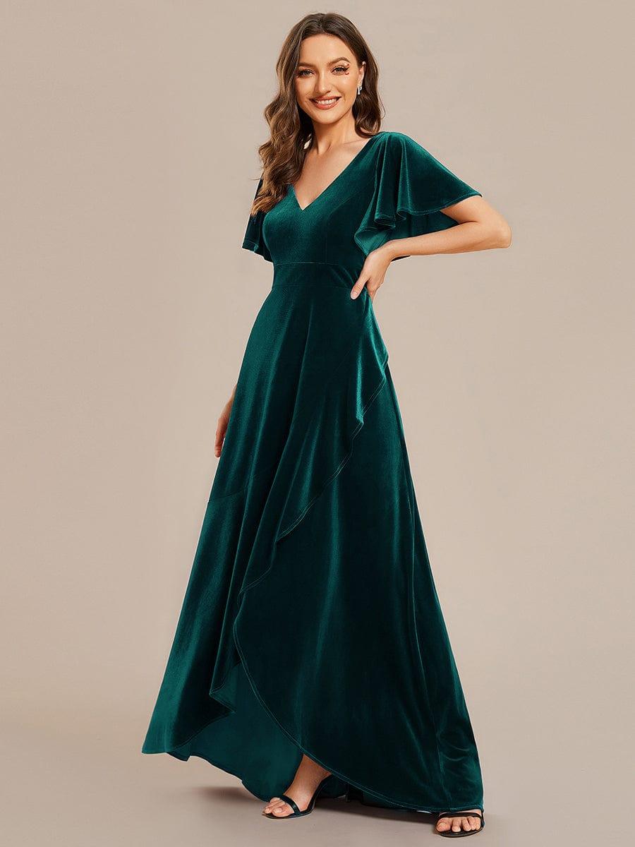 Elegant Double V-Neck Short Sleeves Velvet Evening Dress #color_Dark Green