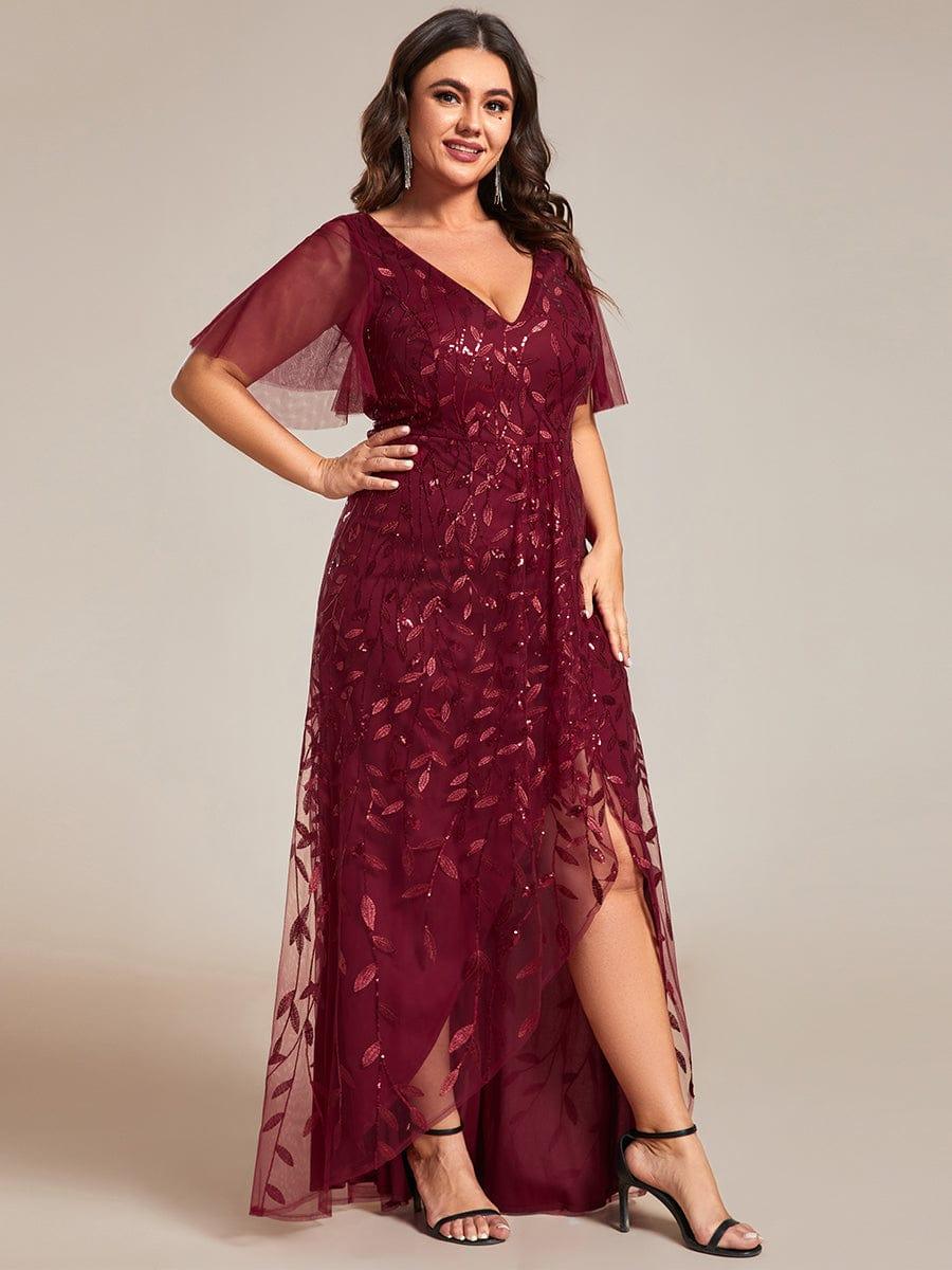 V-Neck Sequined Evening Dresses with High Slit #color_Burgundy
