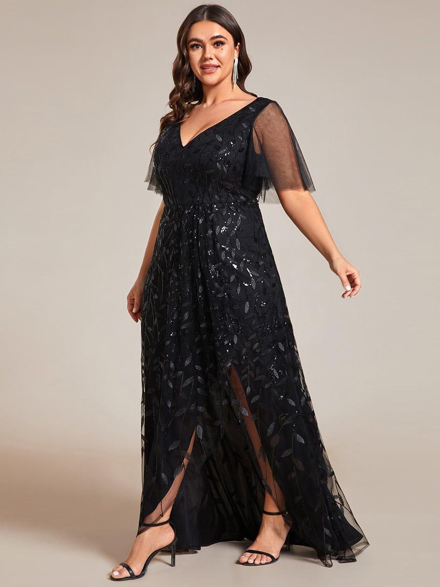 V-Neck Sequined Evening Dresses with High Slit #color_Black