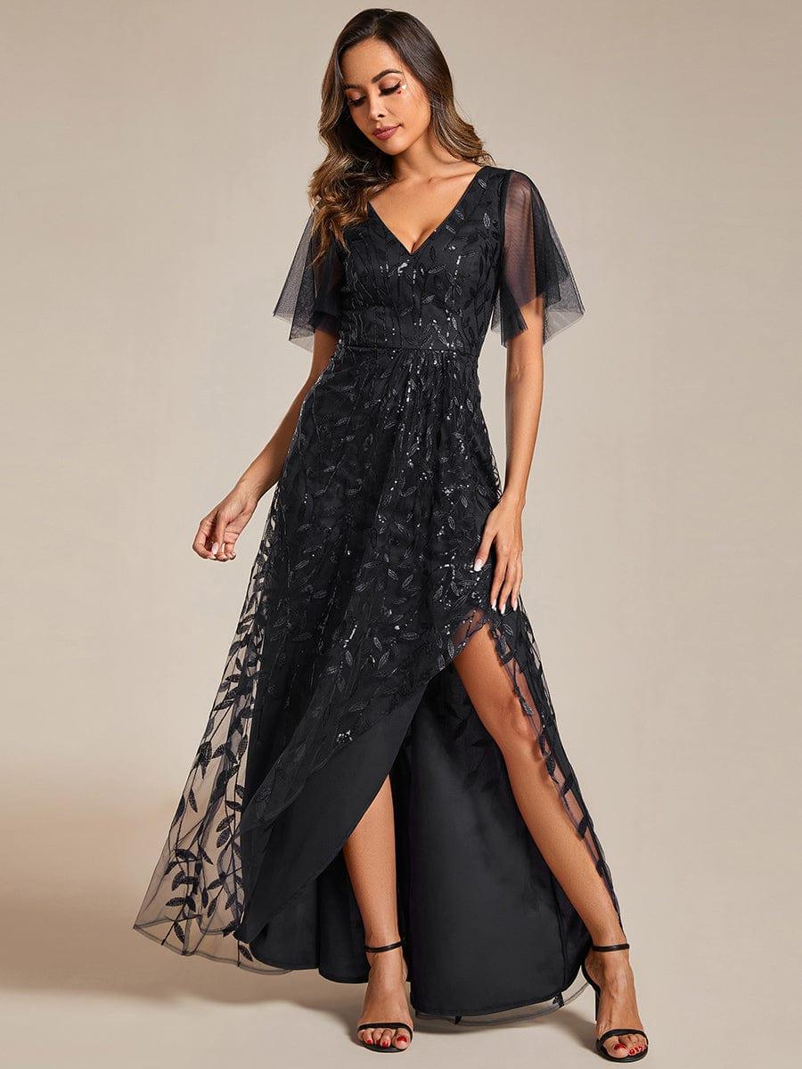 V-Neck Sequined Evening Dresses with High Slit #color_Black