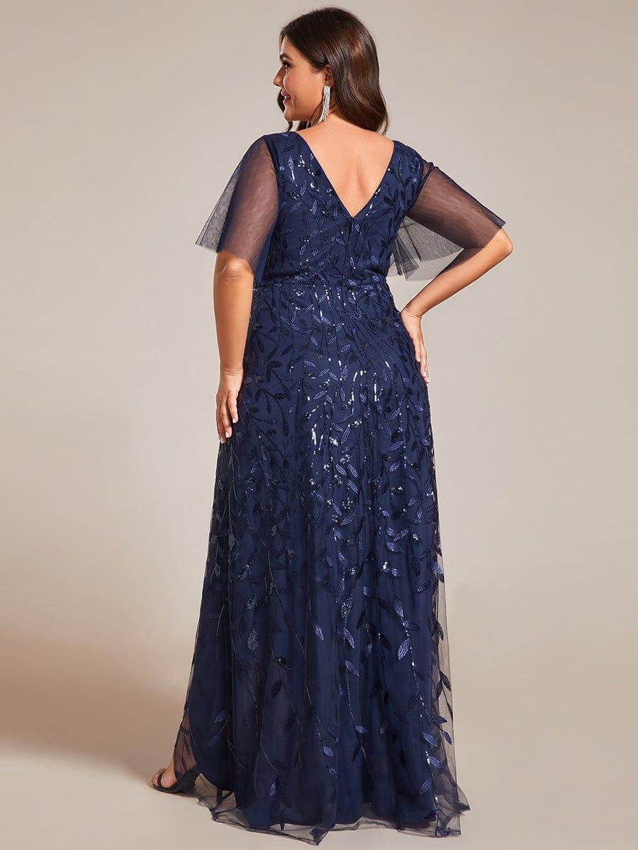 V-Neck Sequined Evening Dresses with High Slit #color_Navy Blue