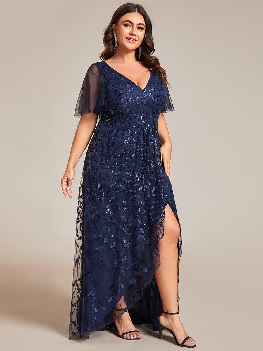 V-Neck Sequined Evening Dresses with High Slit #color_Navy Blue