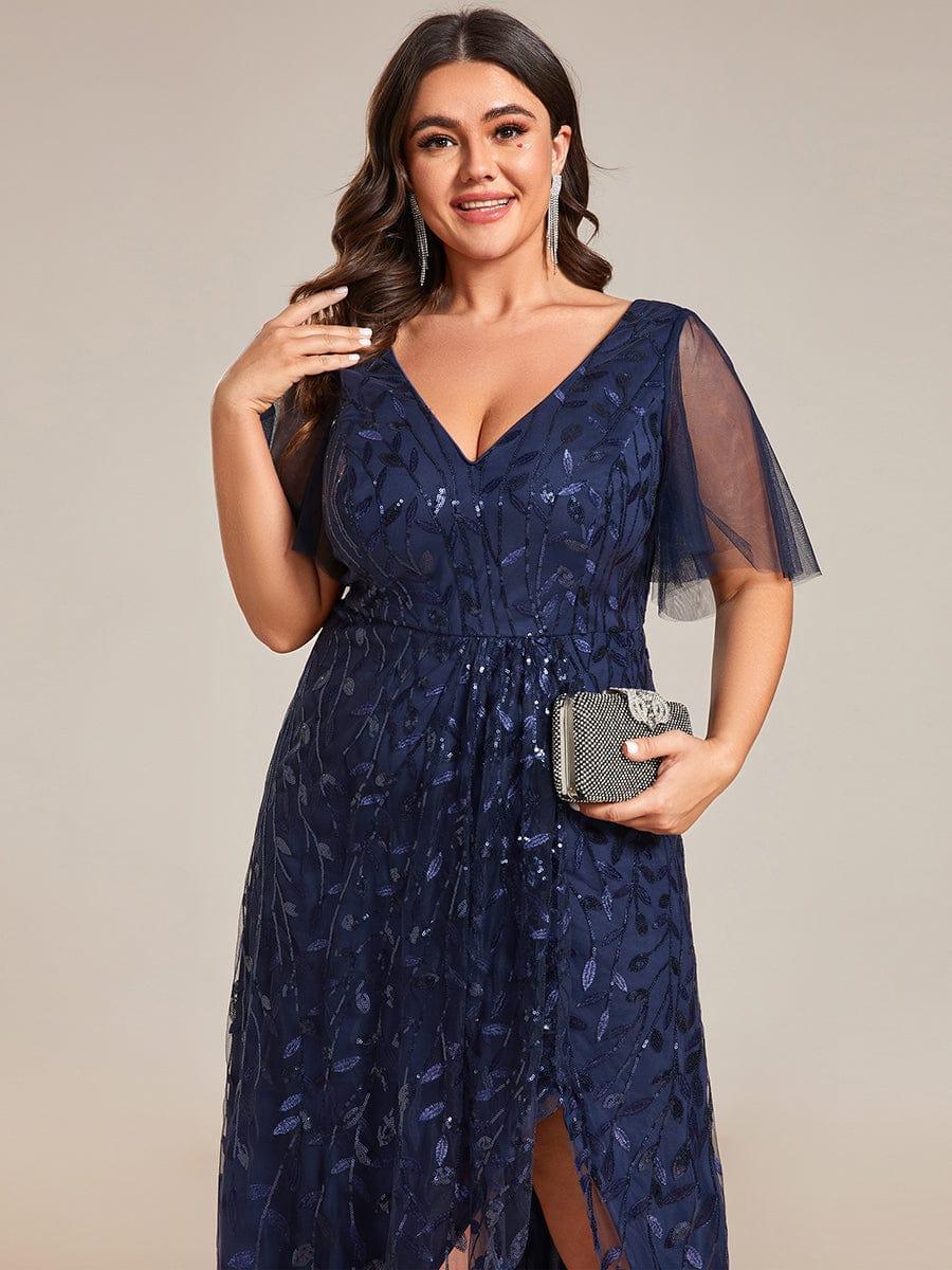 V-Neck Sequined Evening Dresses with High Slit #color_Navy Blue