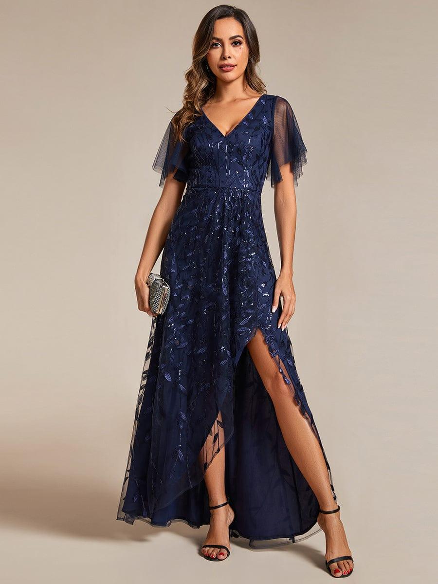 V-Neck Sequined Evening Dresses with High Slit #color_Navy Blue