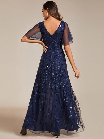 V-Neck Sequined Evening Dresses with High Slit #color_Navy Blue