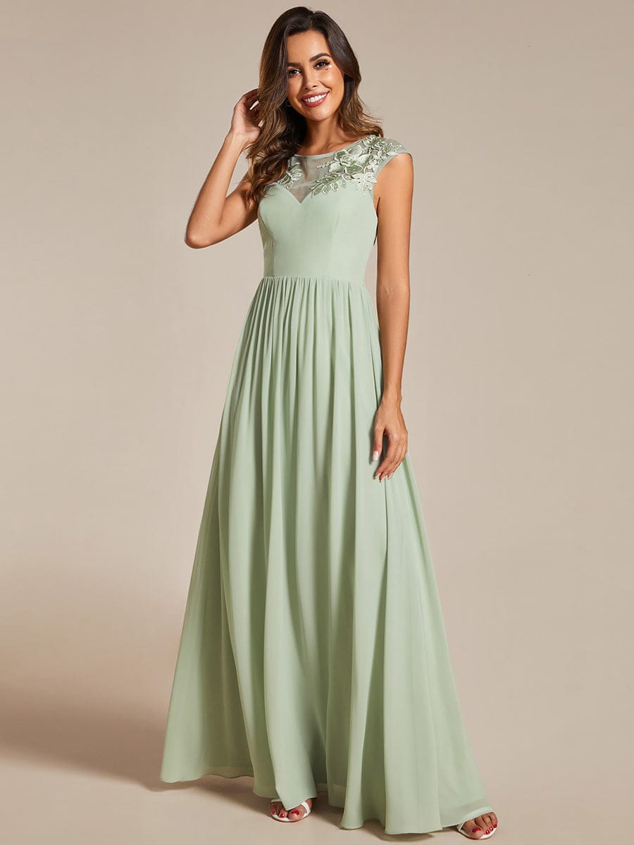 A-Line Cap Sleeves Round Neck Chiffon Evening Dress with Shoulder Print