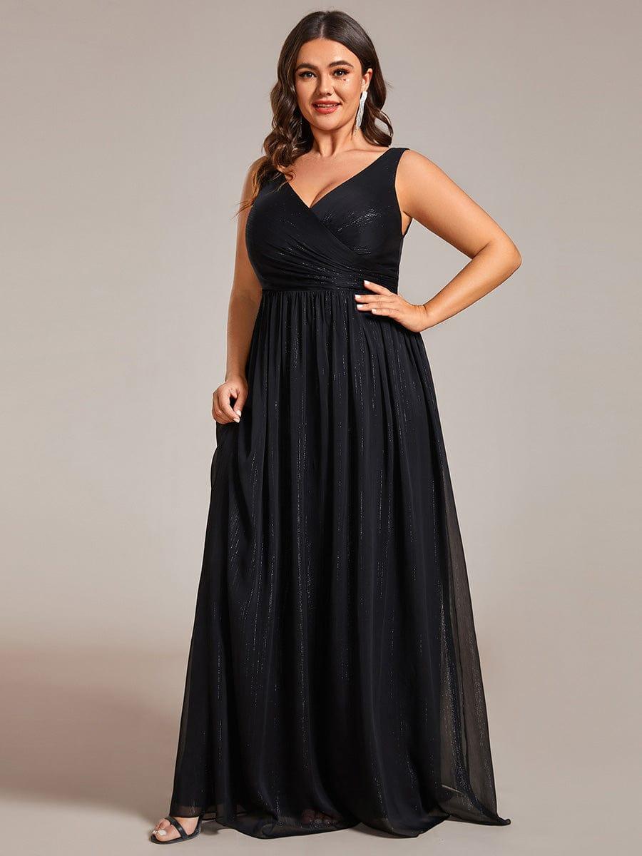 Sleeveless Plus Size V-Neck Evening Dresses with Fine Glitter
