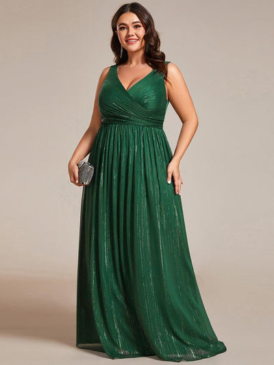 Plus Size V-Neck Sleeveless Evening Dresses with Delicate Glitter #color_Dark Green