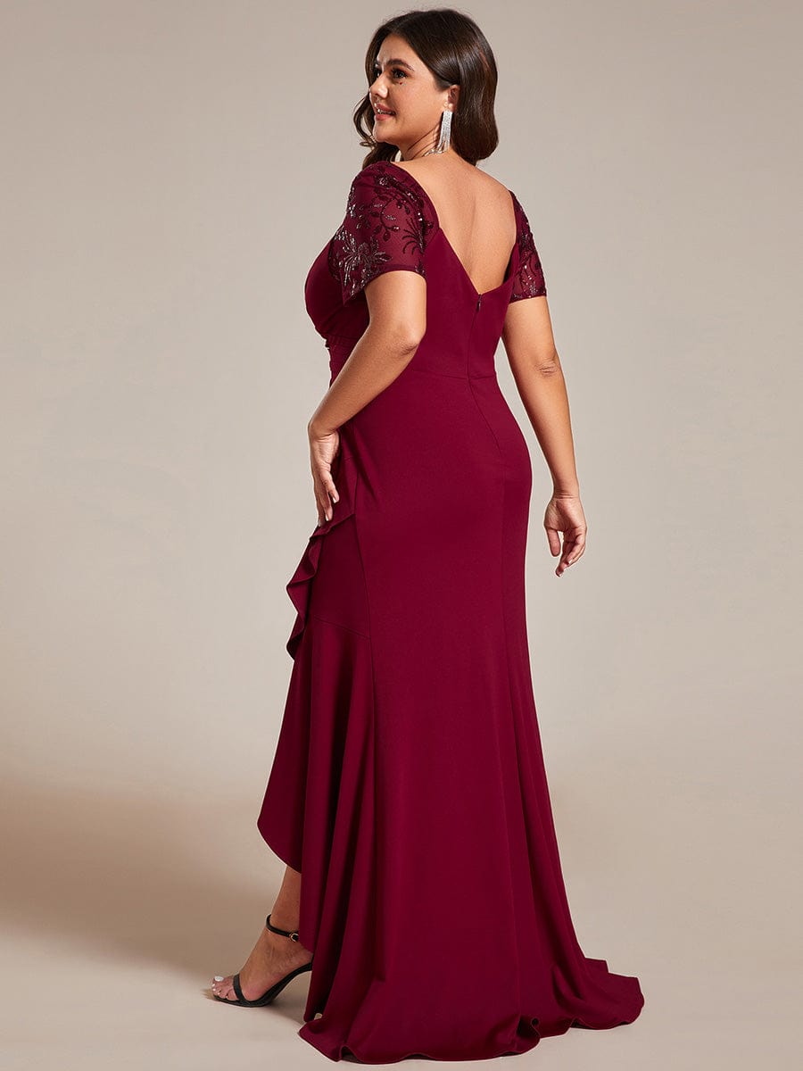 Plus Size Short-Sleeved V-Neck Bodycon Fishtail Evening Dresses showcasing High-Low #color_Burgundy