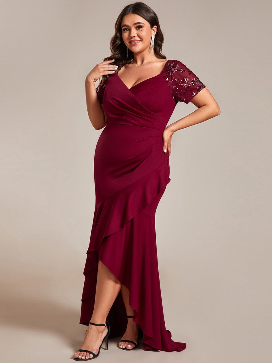 Plus Size Short-Sleeved V-Neck Bodycon Fishtail Evening Dresses showcasing High-Low #color_Burgundy