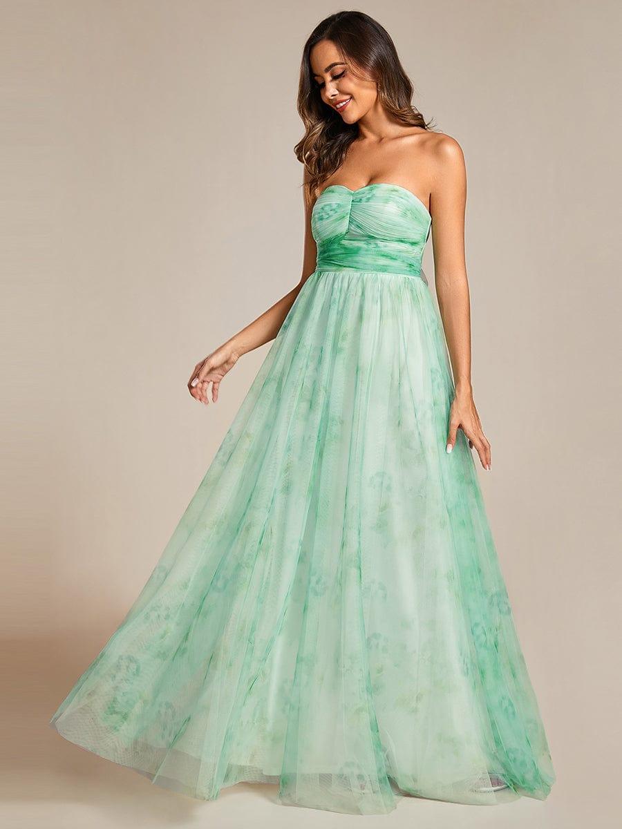Multi-Way Strapless Floral Empire Waist Evening Dress with Pleated #color_Mint Green