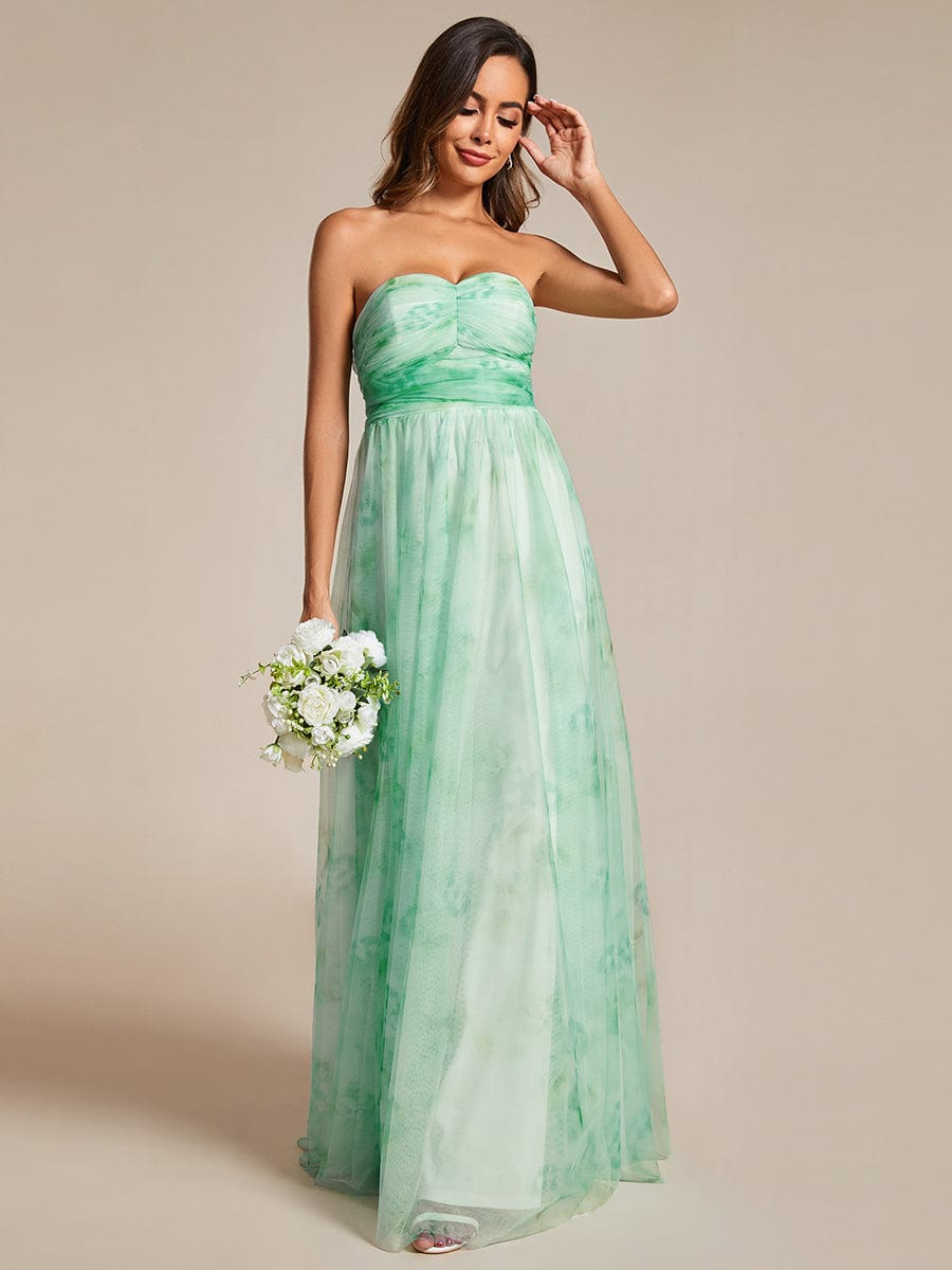 Multi-Way Strapless Floral Empire Waist Evening Dress with Pleated #color_Mint Green