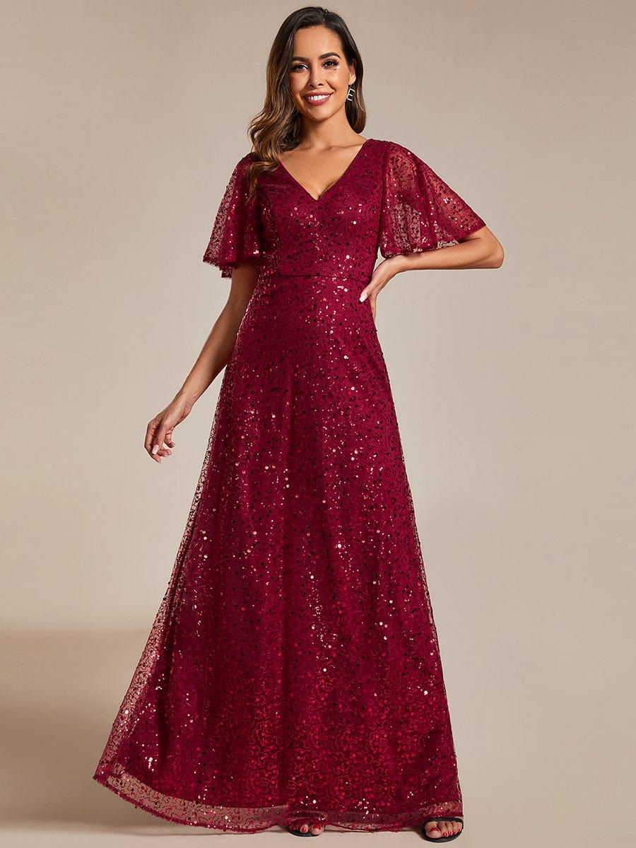 V-Neck Sequined A-Line Evening Dresses with Ruffles Sleeves #color_Burgundy