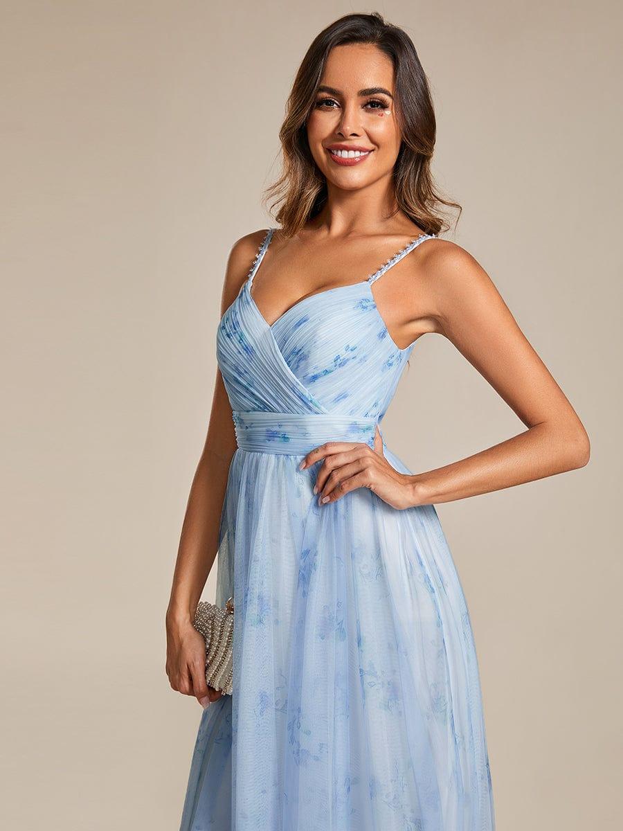 Floral Empire Waist Spaghetti Strap Evening Dress with V-Neck #color_Ice Blue