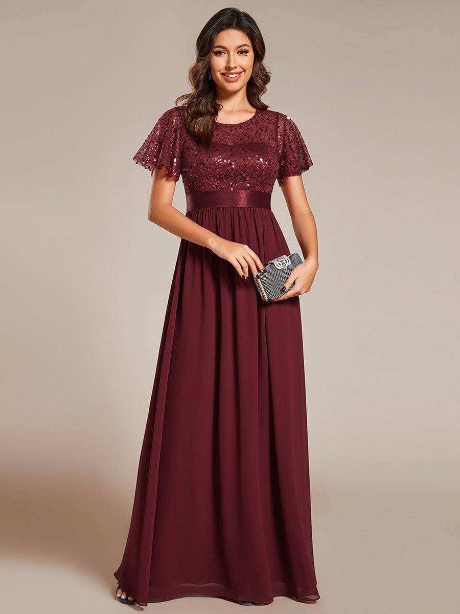 High Waist Sequin Round-Neck Short-Sleeved Evening Dress #color_Burgundy