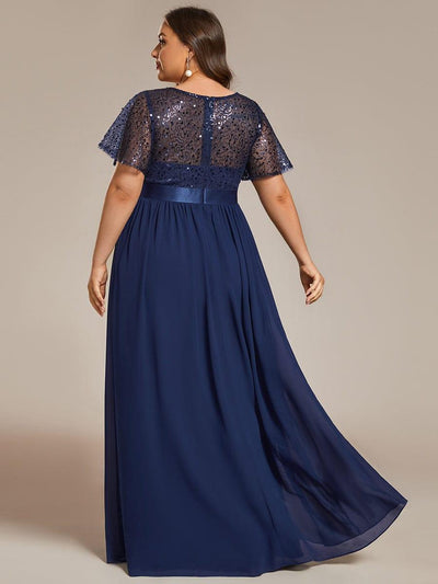 Plus Size High Waist Sequin Round-Neck Short-Sleeved Evening Dress #color_Navy Blue