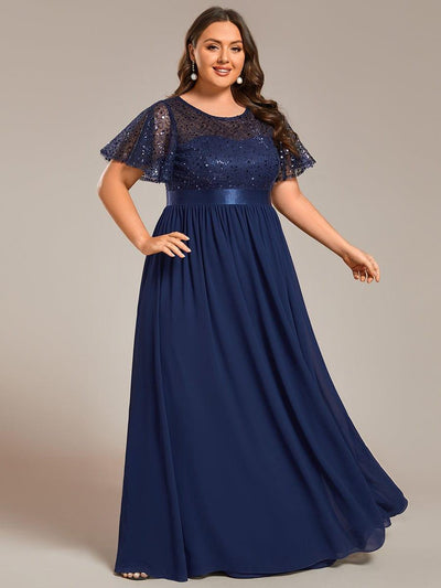 Plus Size High Waist Sequin Round-Neck Short-Sleeved Evening Dress #color_Navy Blue