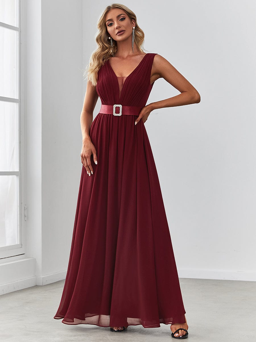 Chiffon Pleated Sleeveless Sequin Belt Evening Dress #color_Burgundy Chiffon Pleated Sleeveless Sequin Belt Evening Dress