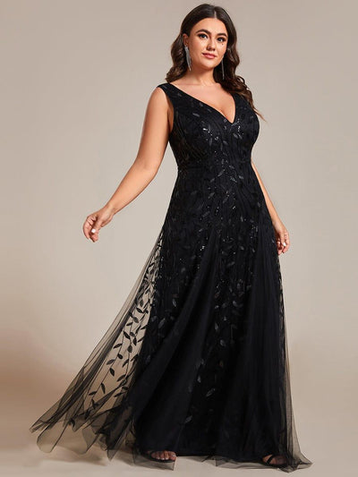 Plus Size Sleeveless V-Neck Sequined A-Line Evening Dresses #color_Black
