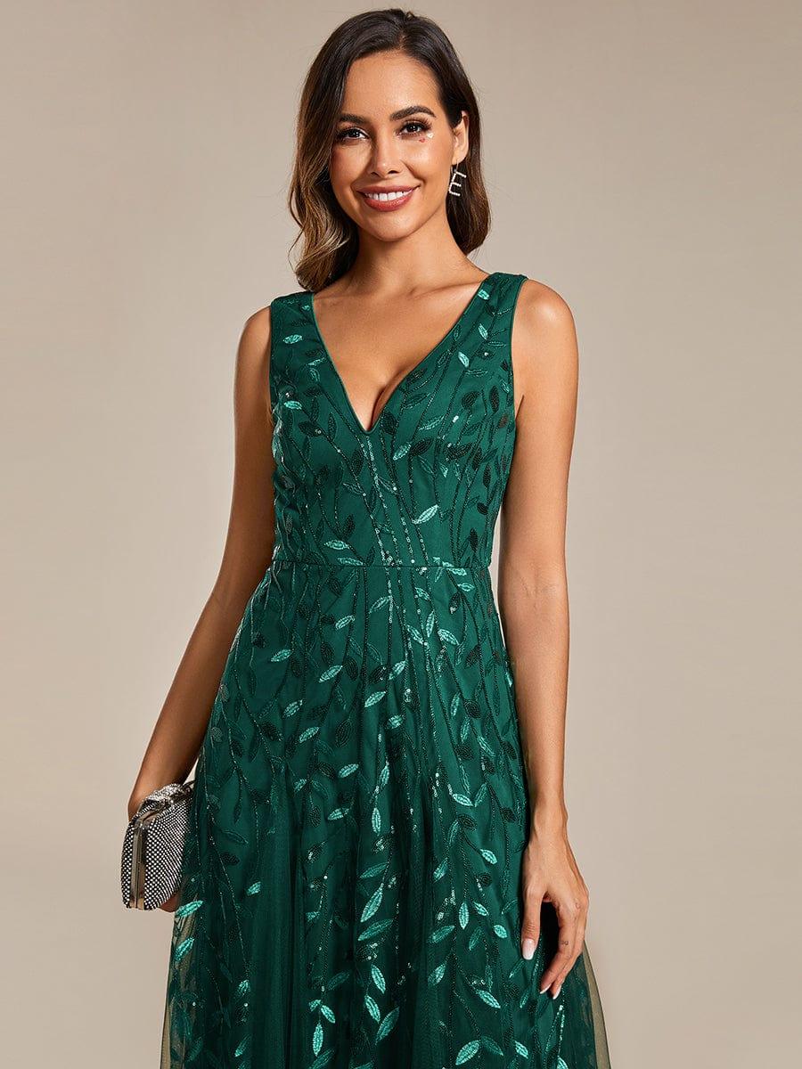 Sleeveless V-Neck Sequined A-Line Evening Dresses #color_Dark Green