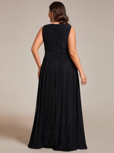 Plus Size V-Neck Sleeveless A-Line Evening Dress with Subtle Glitter #color_Black