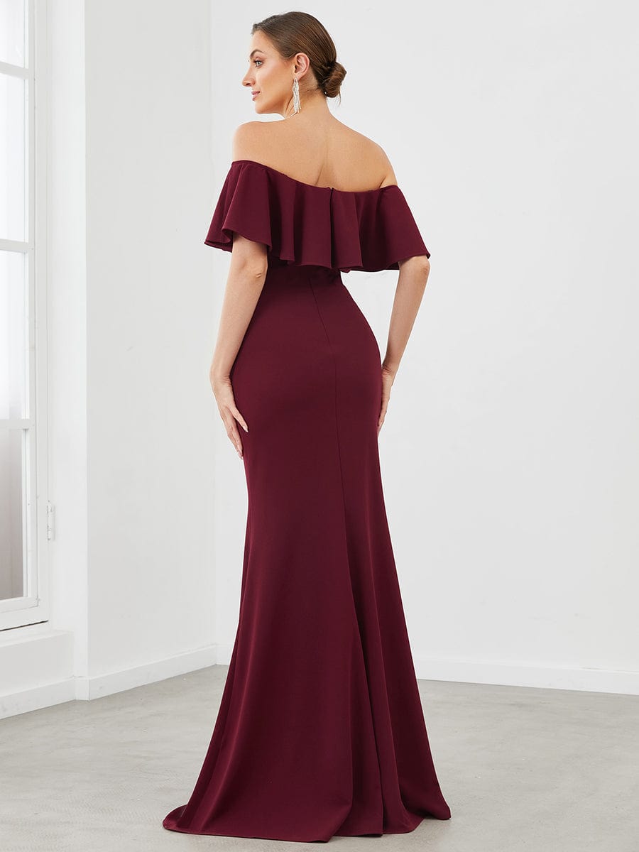 Ruffle Fold-Over Bodycon Strapless Evening Dress #color_Burgundy