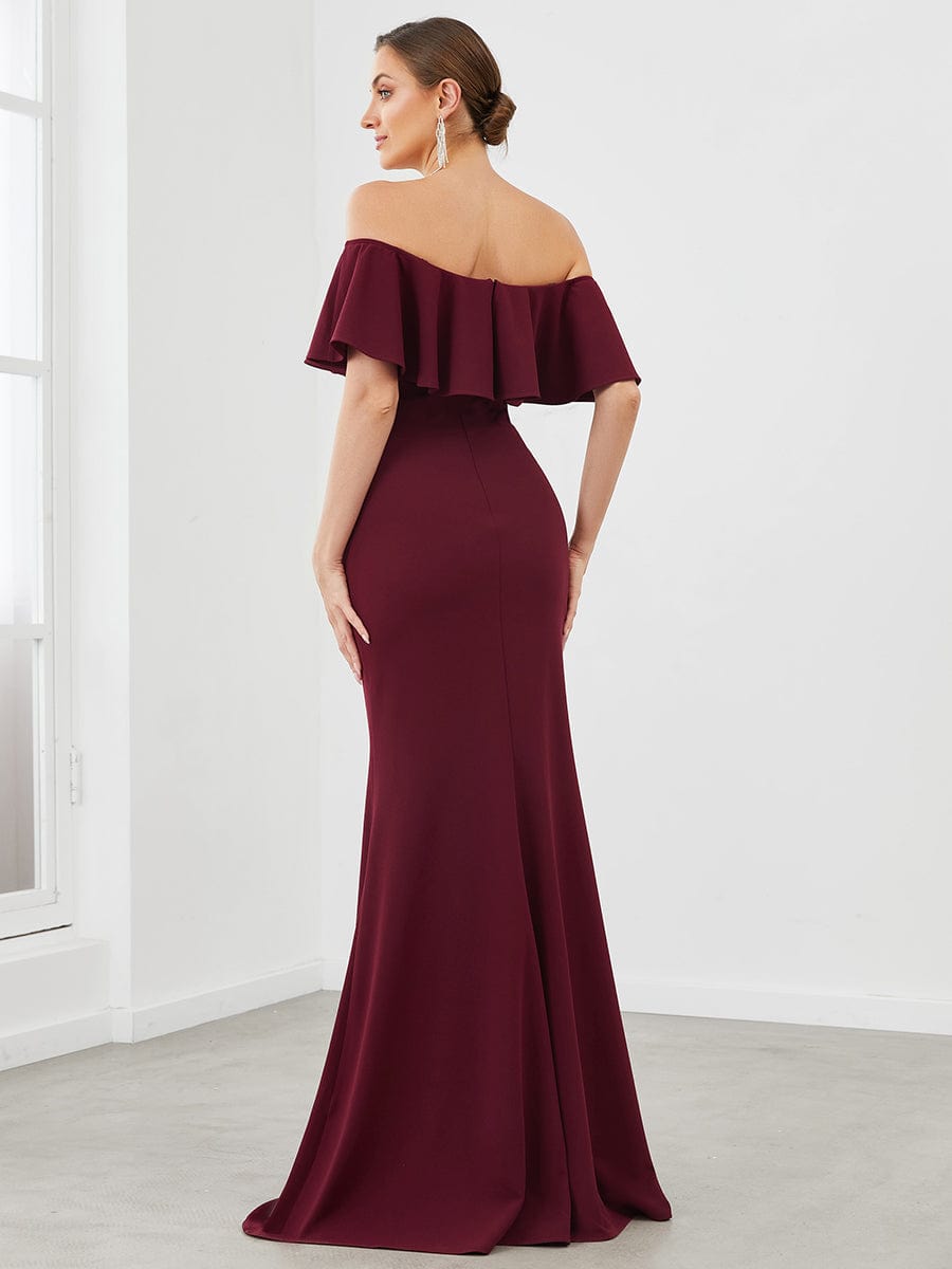 Ruffle Fold-Over Bodycon Strapless Evening Dress #color_Burgundy Ruffle Fold-Over Bodycon Strapless Evening Dress