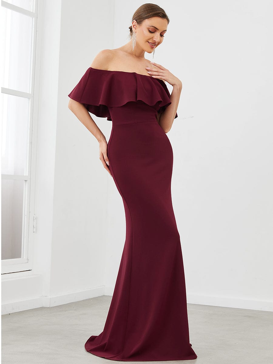 Ruffle Fold-Over Bodycon Strapless Evening Dress #color_Burgundy Ruffle Fold-Over Bodycon Strapless Evening Dress