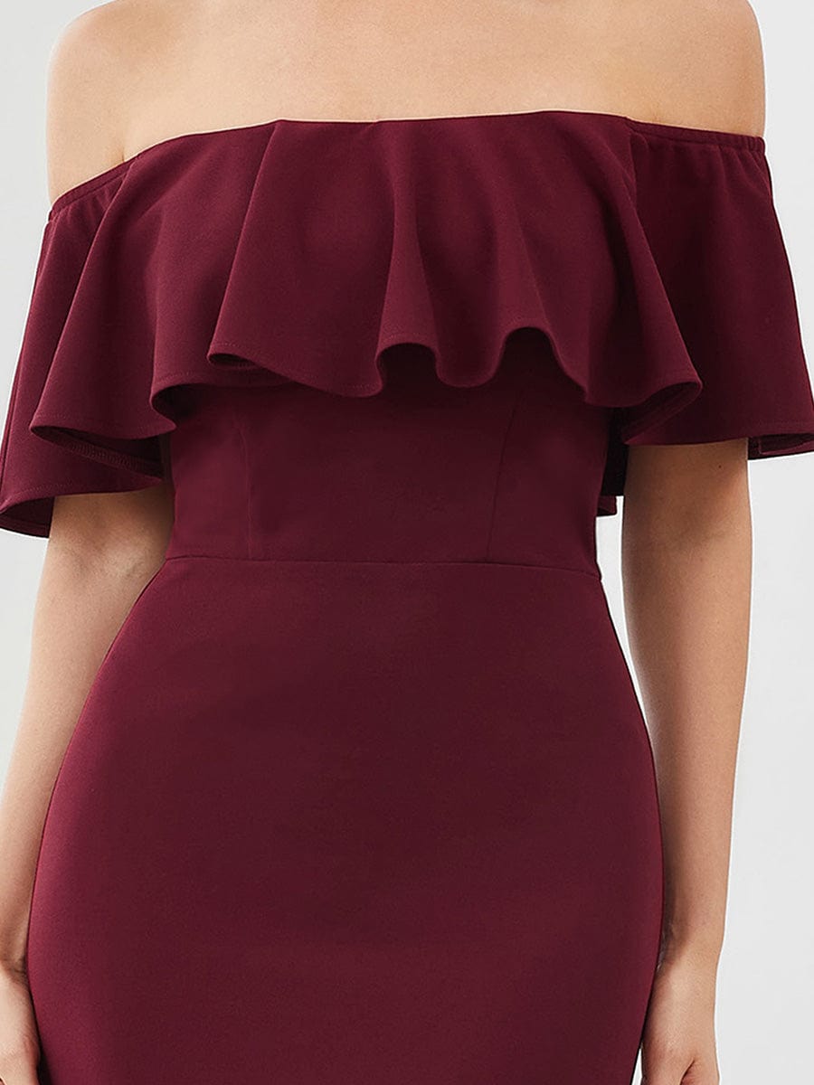 Ruffle Fold-Over Bodycon Strapless Evening Dress #color_Burgundy Ruffle Fold-Over Bodycon Strapless Evening Dress