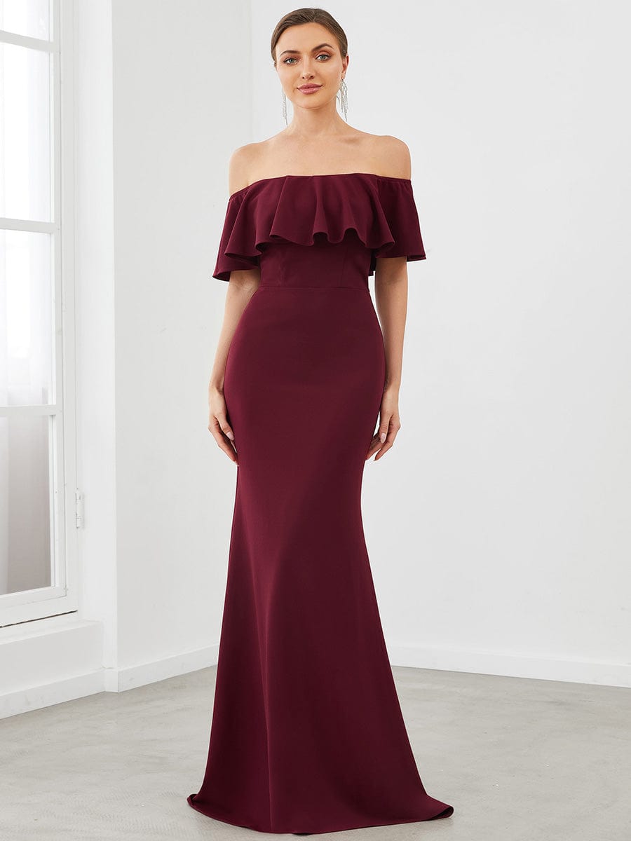 Ruffle Fold-Over Bodycon Strapless Evening Dress #color_Burgundy Ruffle Fold-Over Bodycon Strapless Evening Dress