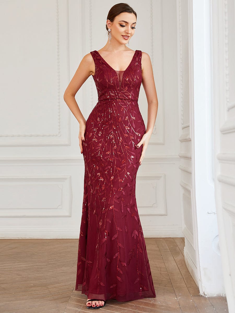 Sleeveless V-Neck Sequin Illusion Panel Fishtail Evening Dress #color_Burgundy Sleeveless V-Neck Sequin Illusion Panel Fishtail Evening Dress
