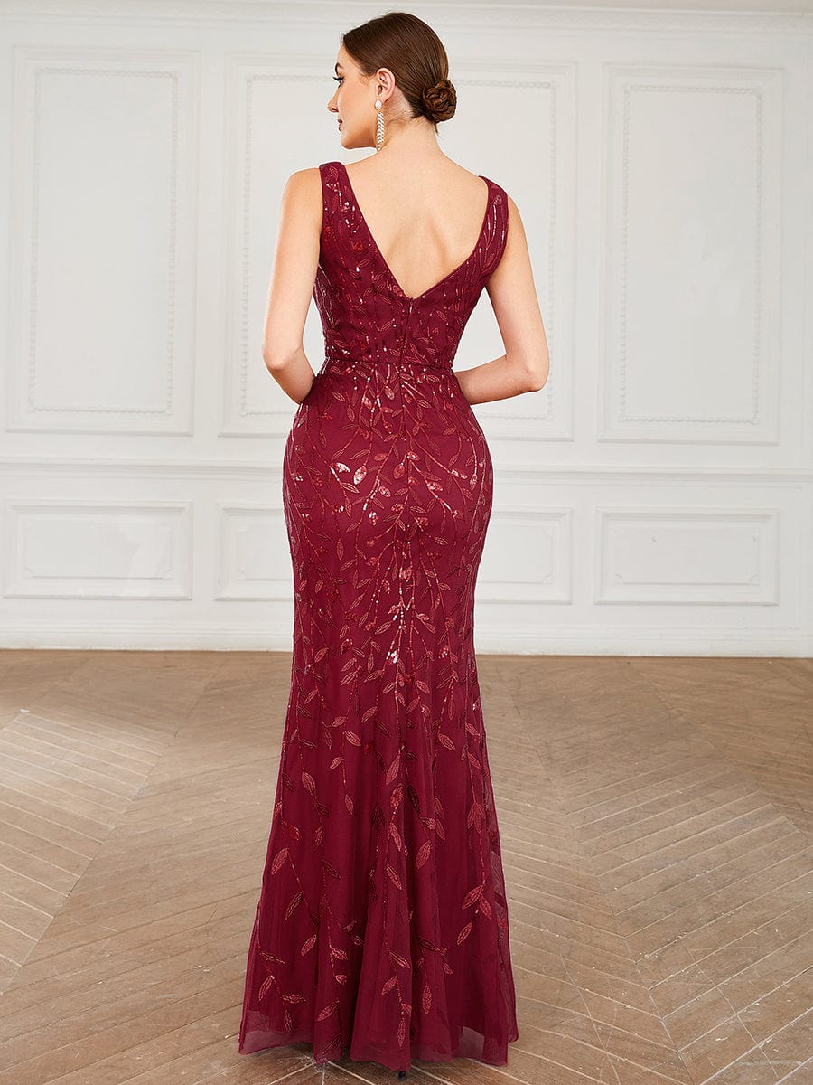 Sleeveless V-Neck Sequin Illusion Panel Fishtail Evening Dress #color_Burgundy Sleeveless V-Neck Sequin Illusion Panel Fishtail Evening Dress